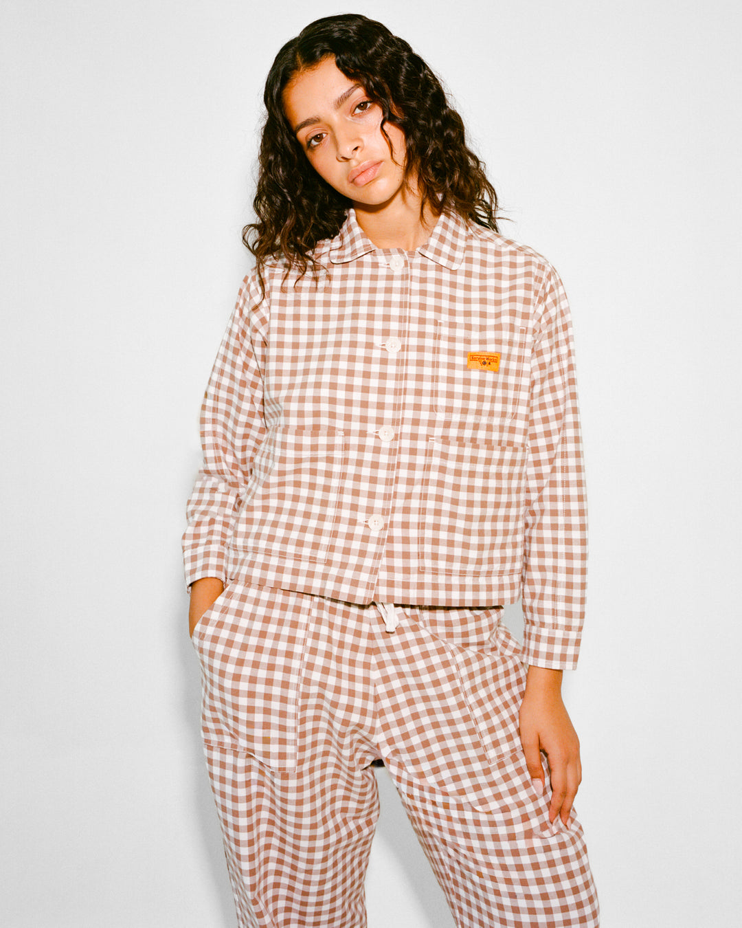 Women's Cropped Work Jacket - Brown Gingham
