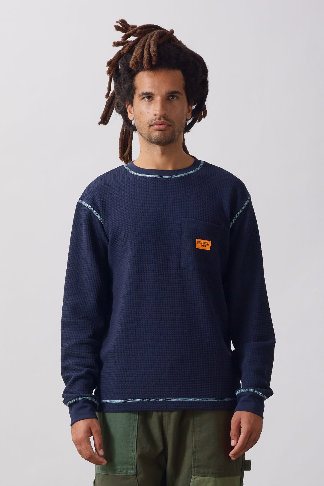 Waffle Contrast Thermal Long Sleeve Tee - Navy/Blue